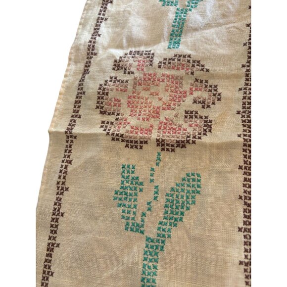 Vintage Cross Stitch Tablecloth With 4 Matching Napkins Beige Floral Design - Picture 2 of 6